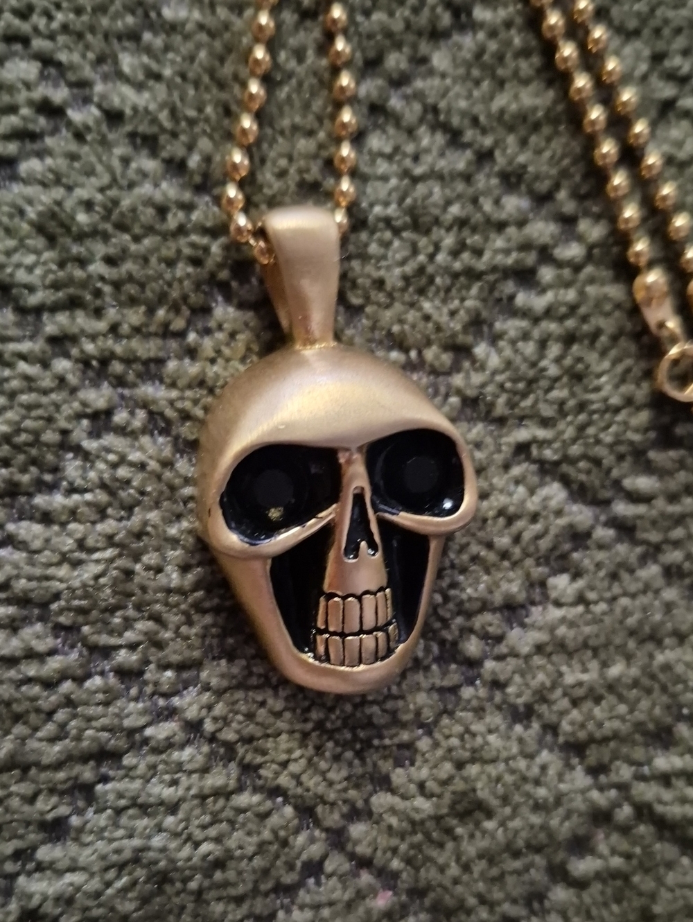 Mens Matte Finish Gold Tone Steel Skull Pendant Necklace With Black Cubic Z